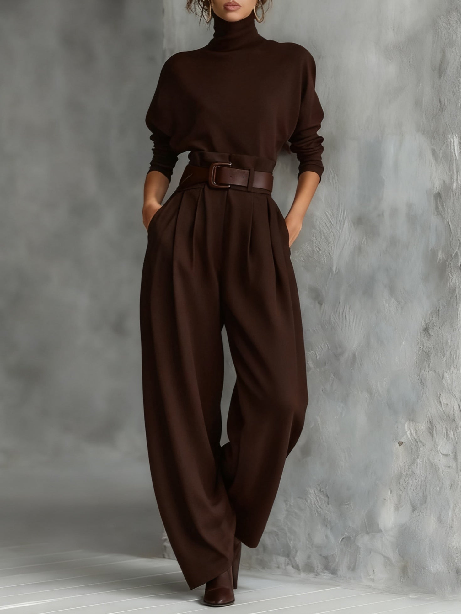 All-black Turtleneck Long-sleeved T-shirt And Straight-leg Trousers Two-piece Set (including Belt)