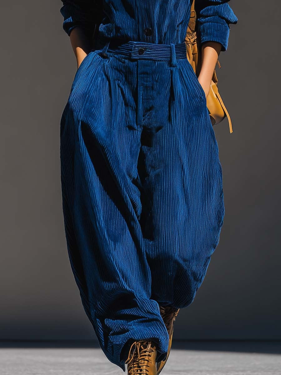 Blue Corduroy Hooded Top and Wide-Leg Pants Set