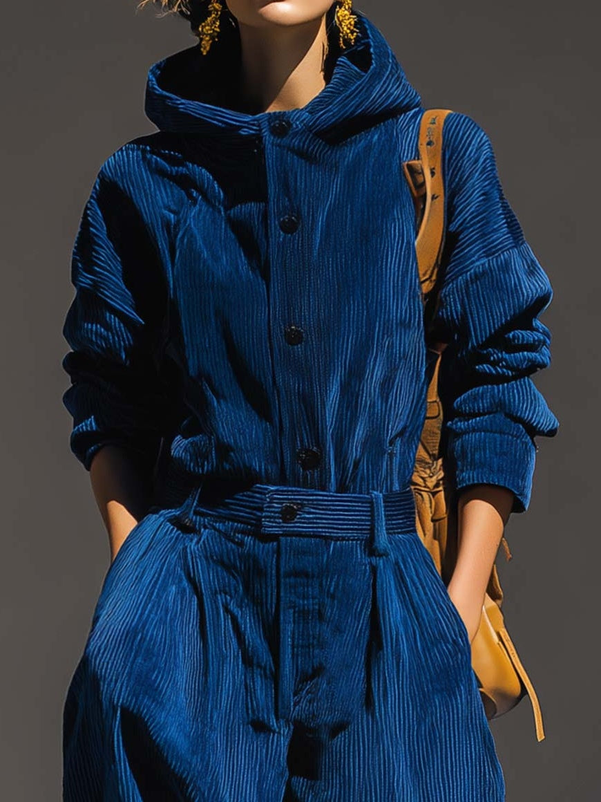 Blue Corduroy Hooded Top and Wide-Leg Pants Set
