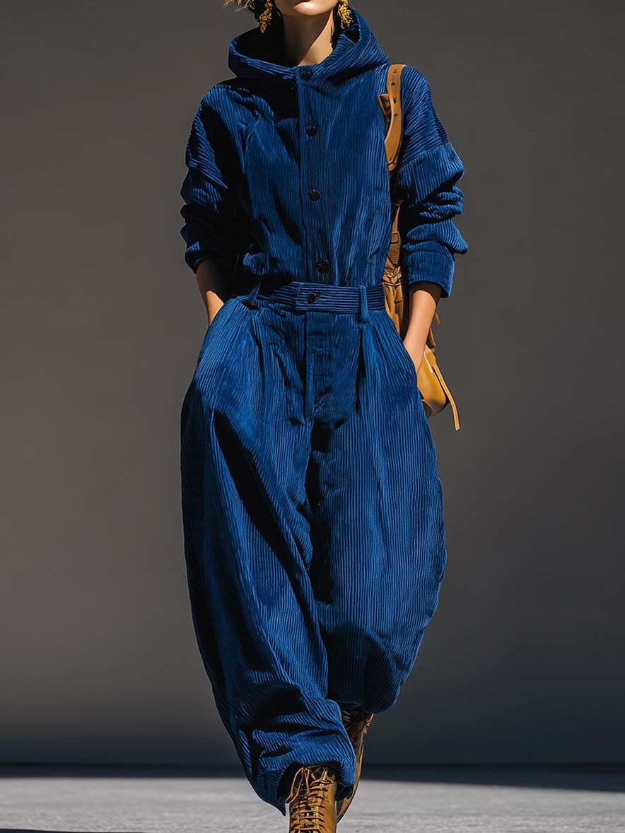 Blue Corduroy Hooded Top and Wide-Leg Pants Set