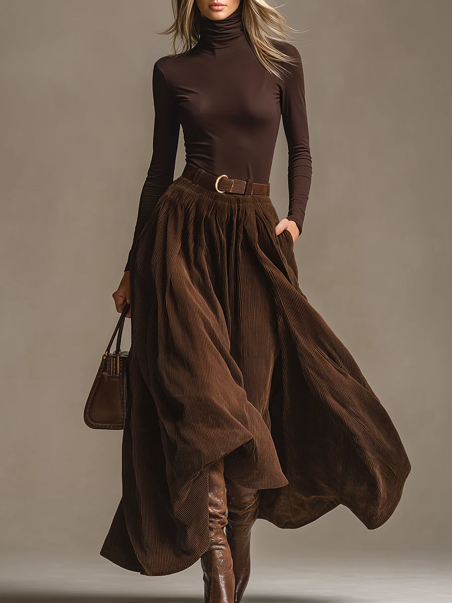 Dark Brown Turtleneck Top and Corduroy Skirt Set