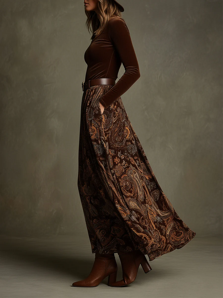 Vintage Stretch Velvet Top and Paisley Print Maxi Skirt Set (with belt)