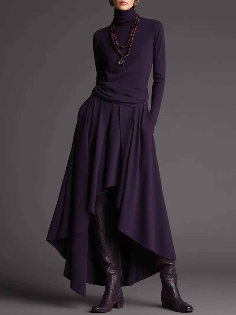 Purple Turtleneck Top and Asymmetrical Skirt Two-piece Set