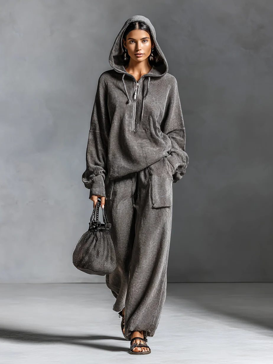Dark Grey Casual Corduroy Hooded Sweatshirt and Straight-leg Pants Two-piece Set