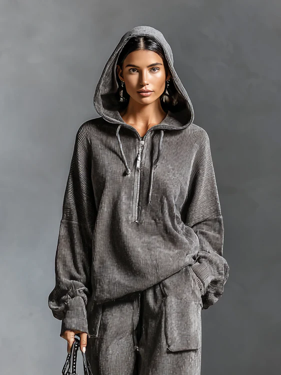 Dark Grey Casual Corduroy Hooded Sweatshirt and Straight-leg Pants Two-piece Set