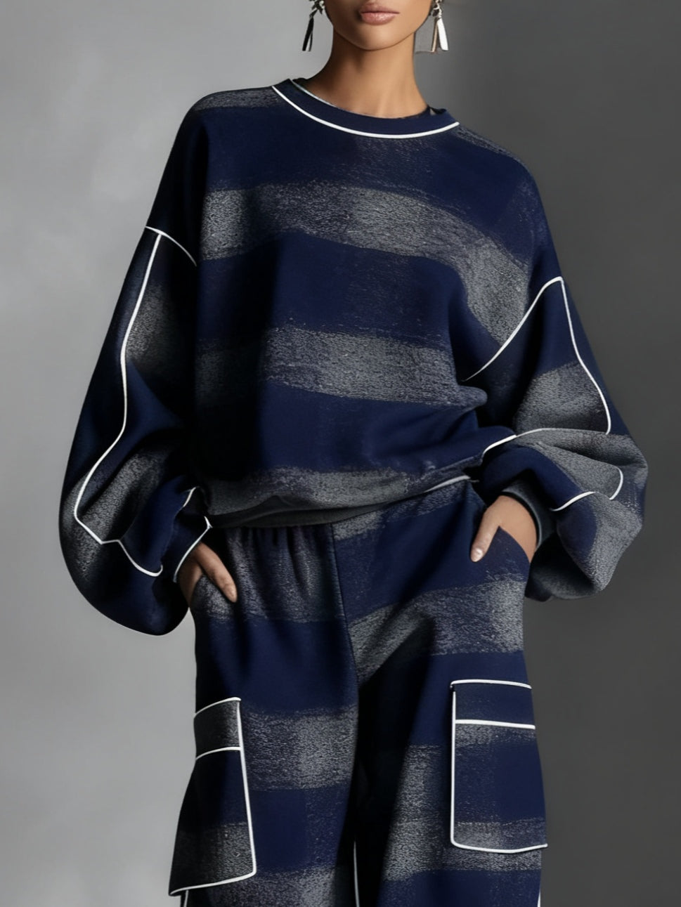 Blue and Grey Plaid Colour-blocked Sweatshirt and Casual Trousers Two-piece Set