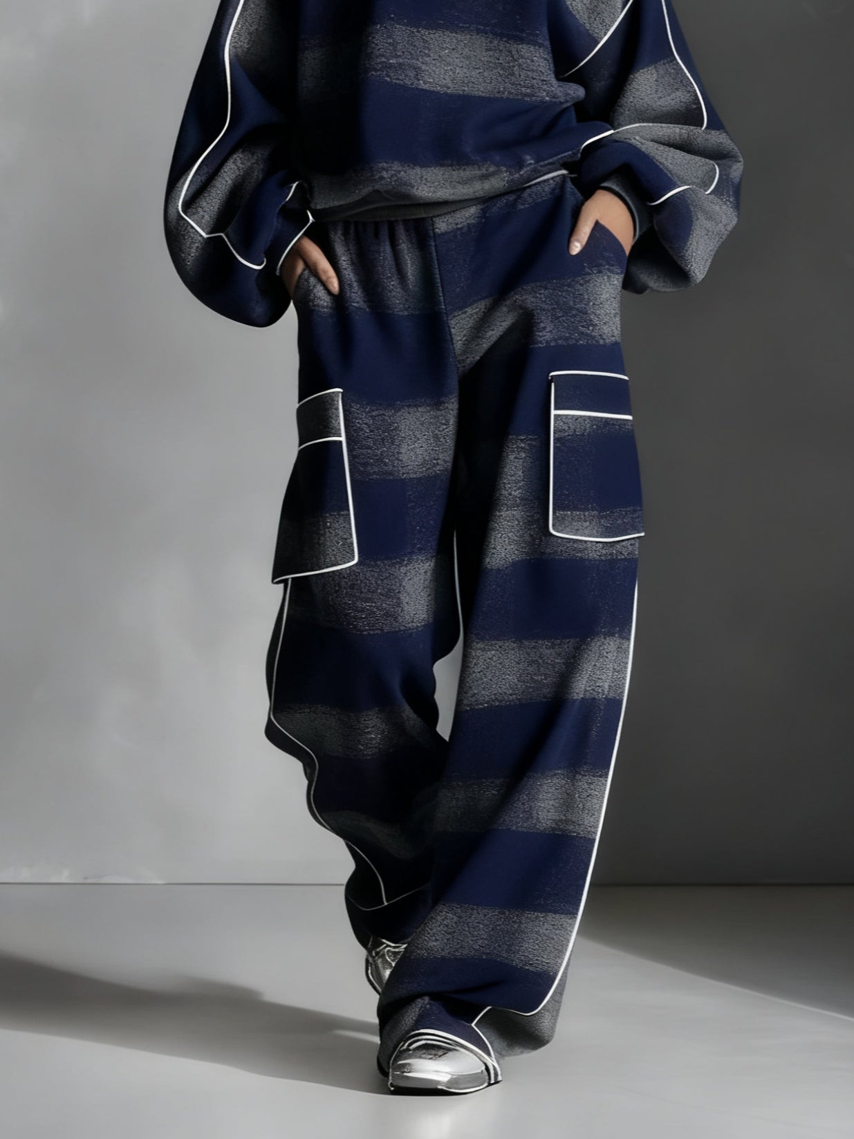 Blue and Grey Plaid Colour-blocked Sweatshirt and Casual Trousers Two-piece Set