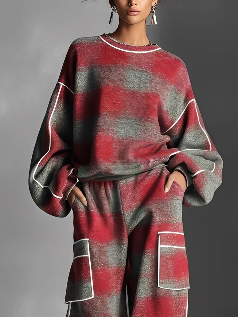 Red and Grey Plaid Colour-blocked Sweatshirt and Casual Trousers Two-piece Set