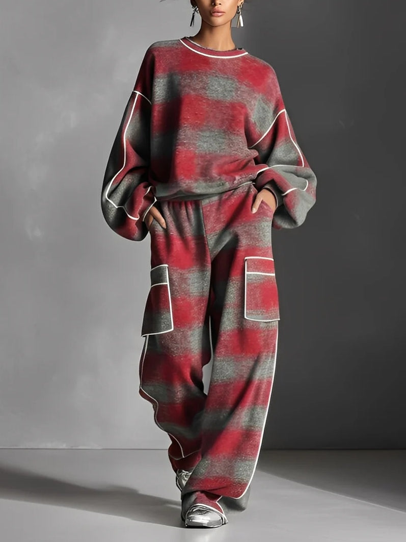 Red and Grey Plaid Colour-blocked Sweatshirt and Casual Trousers Two-piece Set