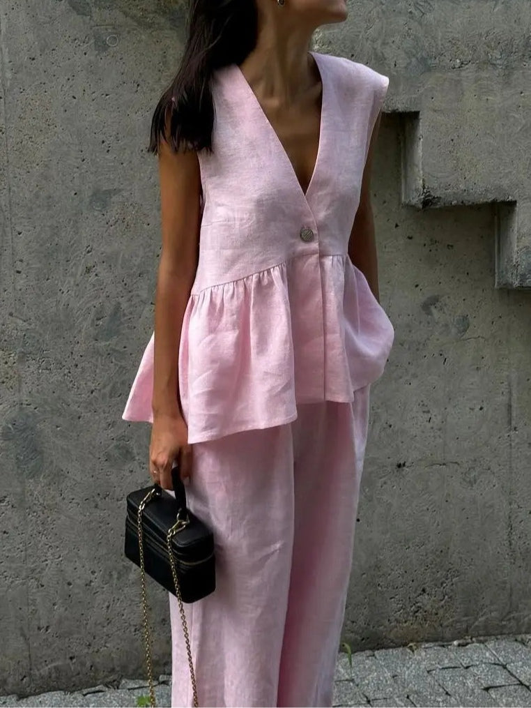 V-Neck Ruffled Two-Piece Set