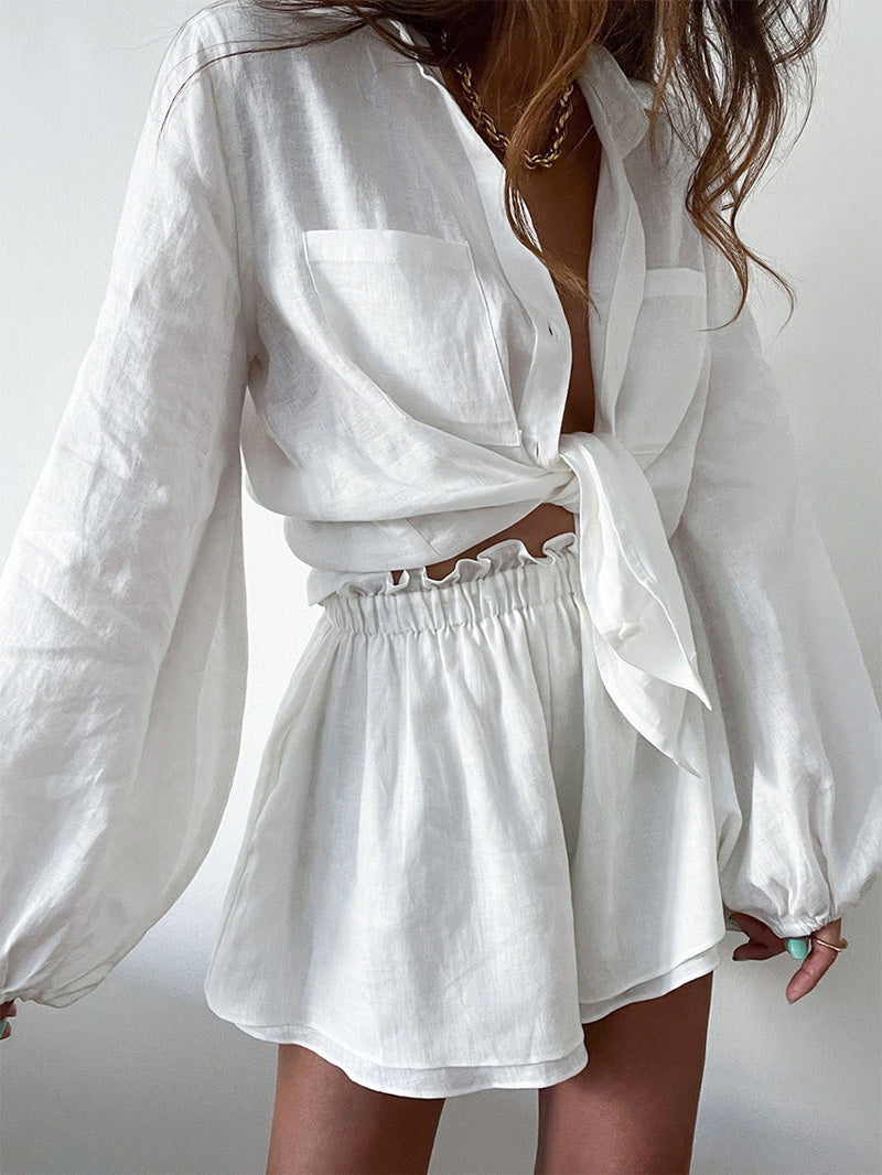 Balloon Sleeve Shirt and Linen Two-Piece Shorts