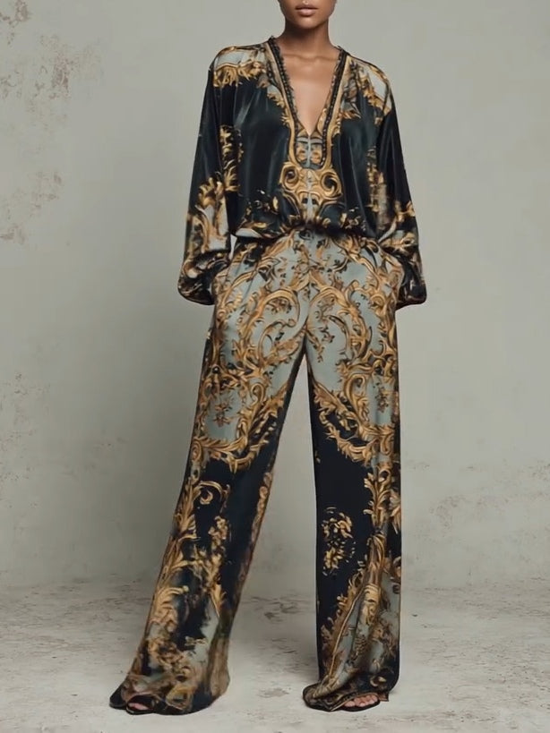 Baroque Ornate Floral Print Top and Wide-leg Trousers Casual Suit
