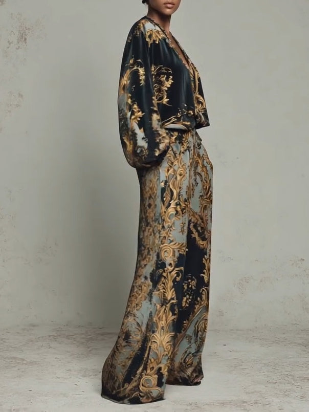Baroque Ornate Floral Print Top and Wide-leg Trousers Casual Suit
