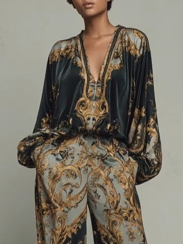 Baroque Ornate Floral Print Top and Wide-leg Trousers Casual Suit