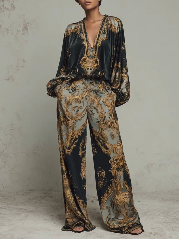 Baroque Ornate Floral Print Top and Wide-leg Trousers Casual Suit
