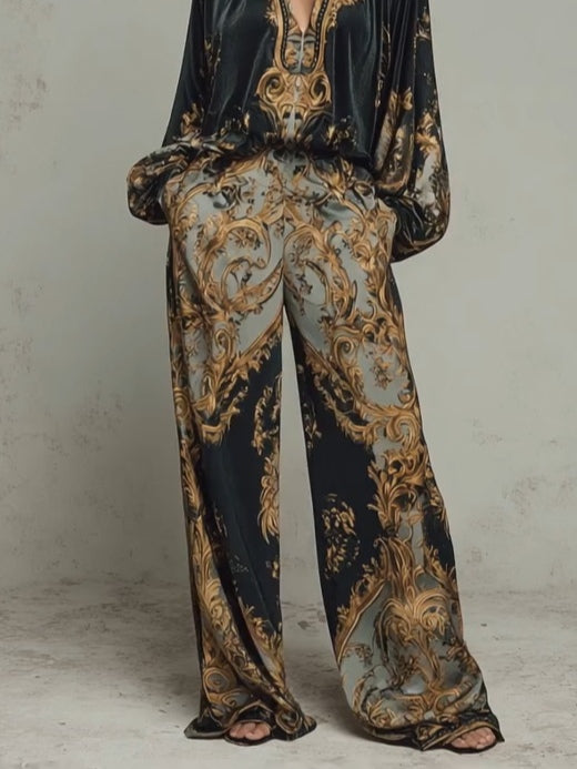 Baroque Ornate Floral Print Top and Wide-leg Trousers Casual Suit