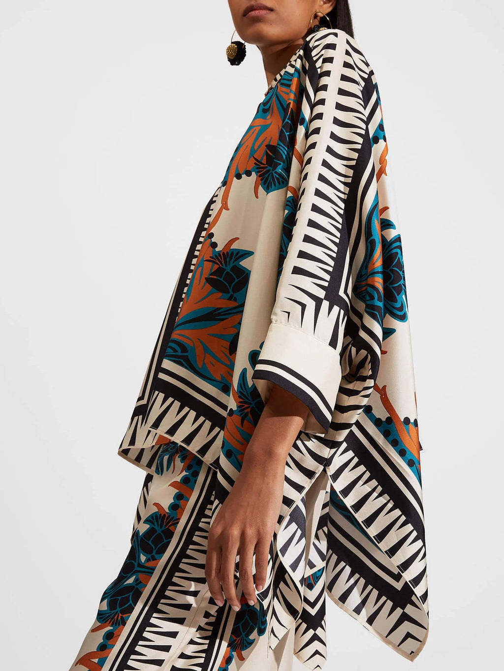 Fine Satin Floral Print Batwing Sleeve Shirt and Trousers Set