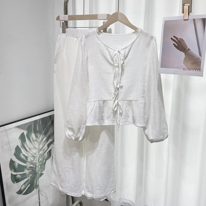 Casual Solid Colour Lace-Up Top & Trousers Two-Piece Set