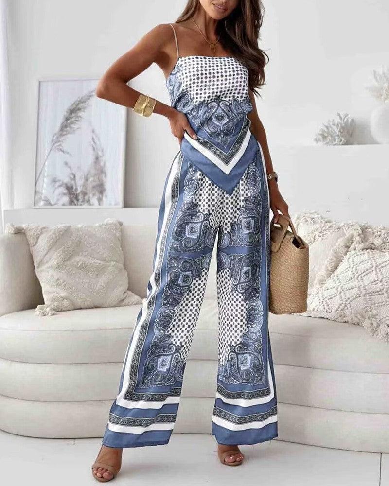 Stylish Printed Lace-Up Vest & Trousers Two-Piece Set