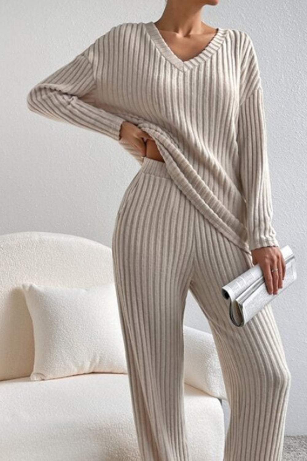 Ribbed V-Neck Top and Trousers Set