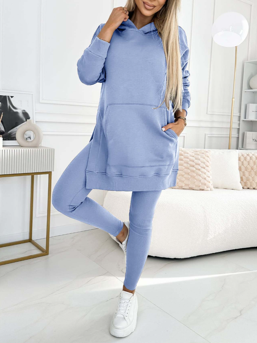 Fashion Solid Colour Hoodie and Lined Leggings Two-piece Set