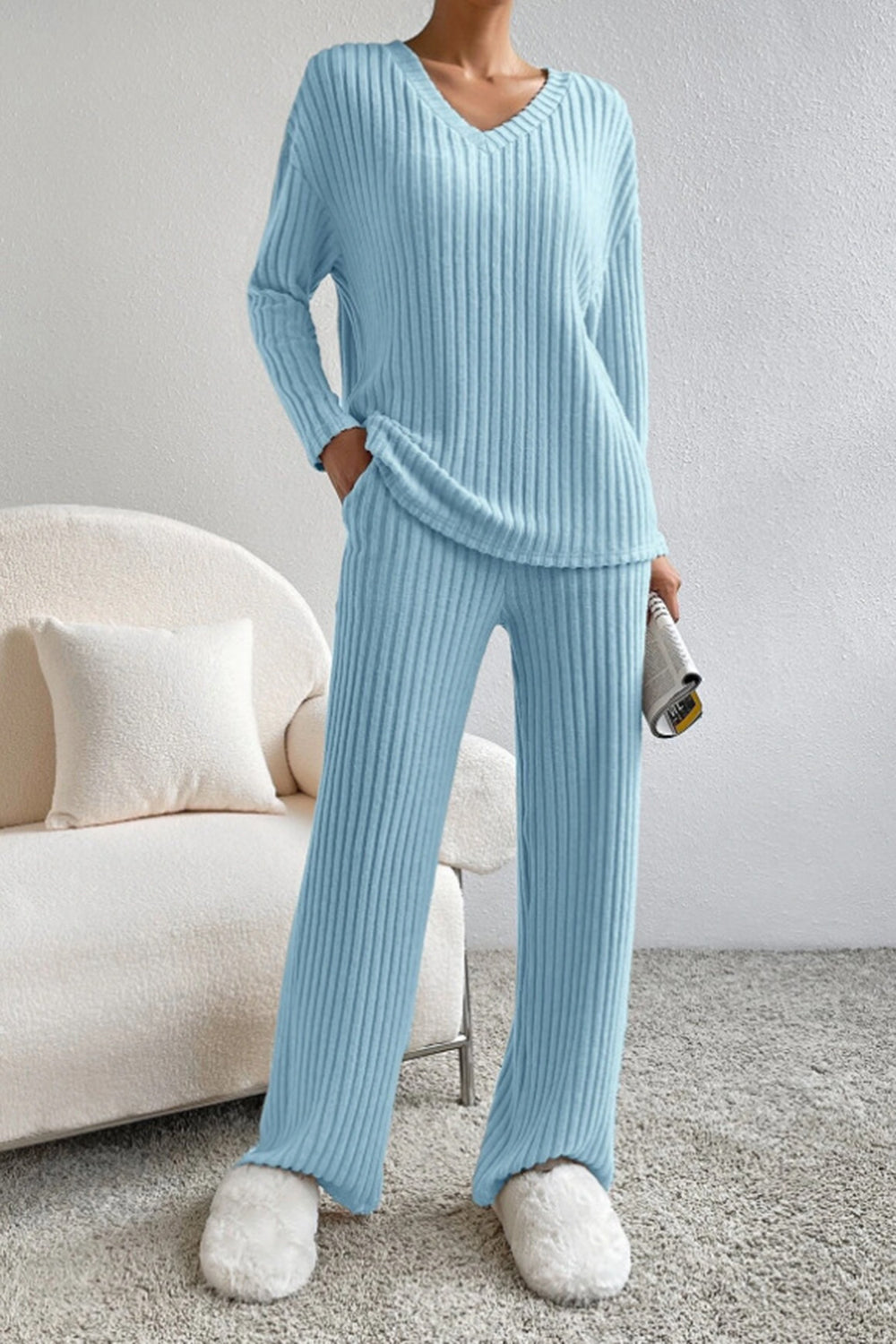 Ribbed V-Neck Top and Trousers Set