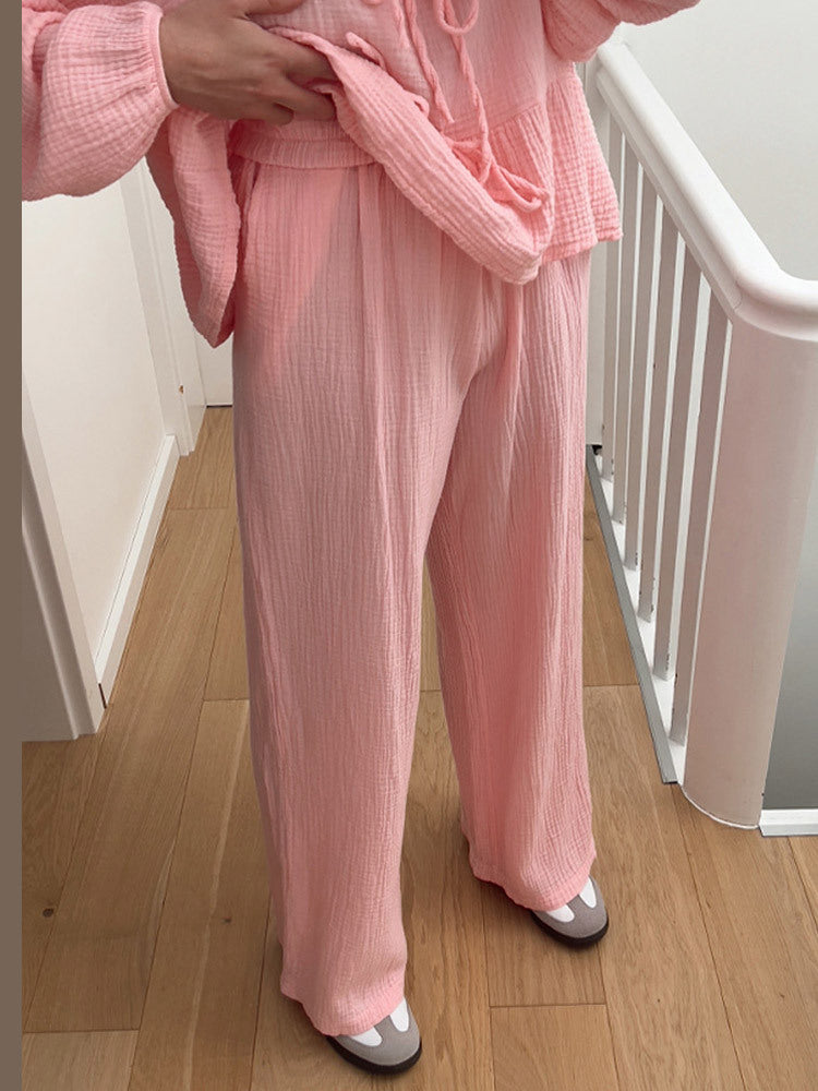 Casual Solid Colour Lace-Up Top & Trousers Two-Piece Set