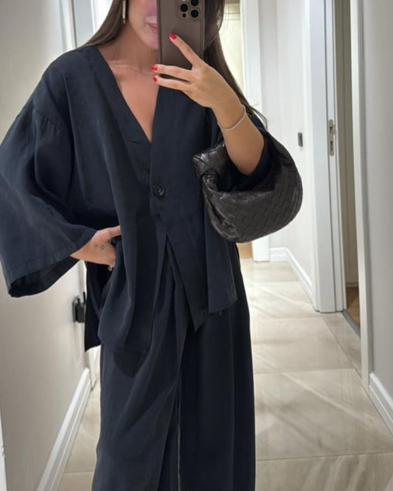 Casual V-Neck Top & Trousers Two-Piece Set