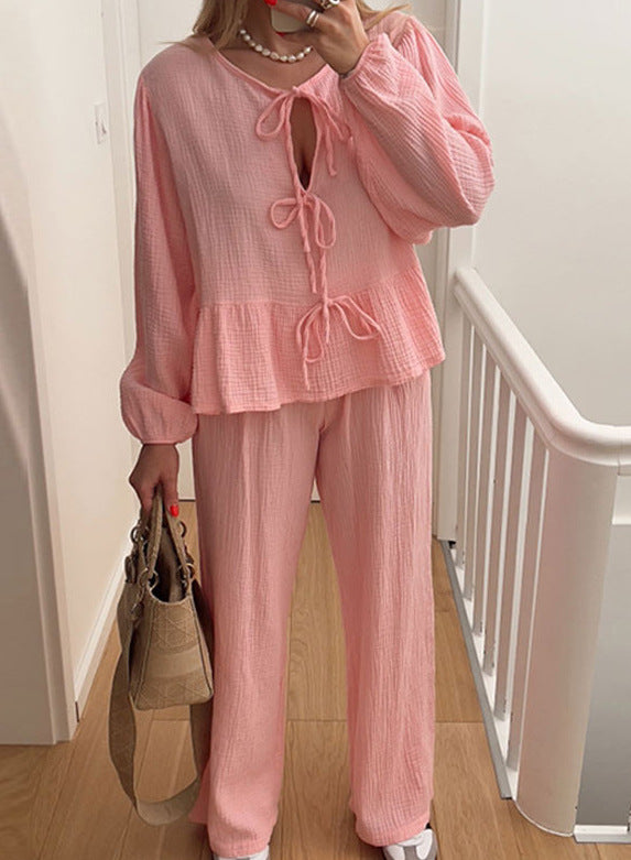 Casual Solid Colour Lace-Up Top & Trousers Two-Piece Set