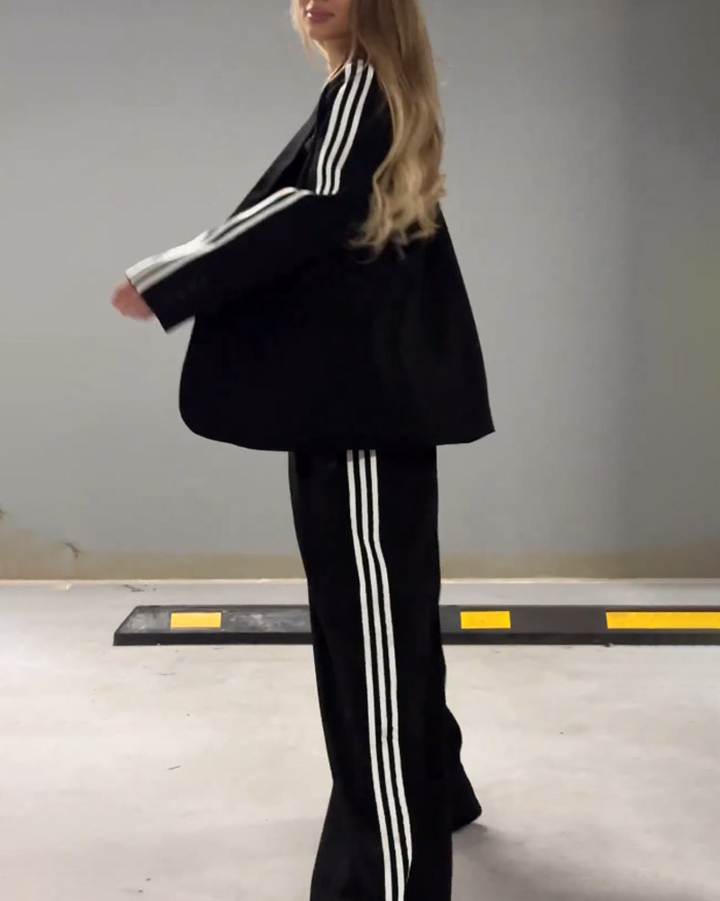 Fashionable Striped Blazer & Wide Leg Trousers Two-Piece Set