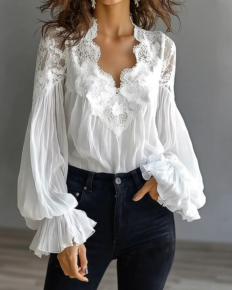 Blouse Lace Patchwork V-Neck