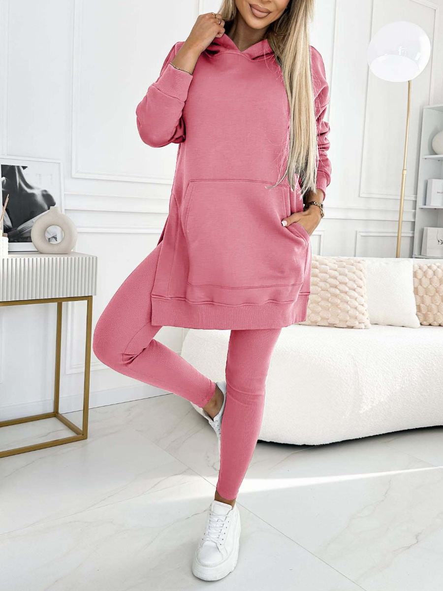 Fashion Solid Colour Hoodie and Lined Leggings Two-piece Set