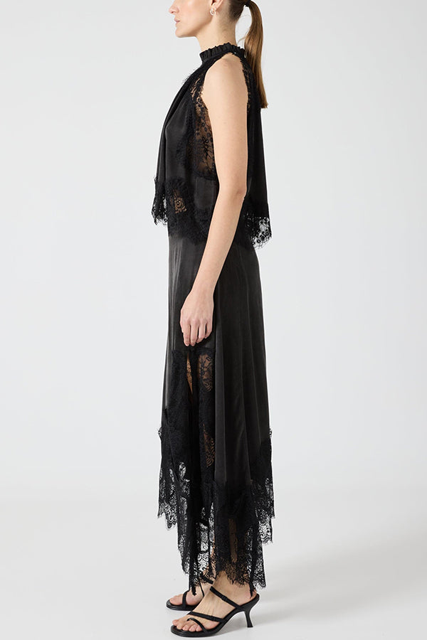 Lace Pleated Collar Top + Irregular Slit Skirt Set