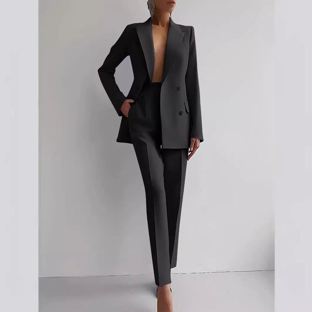 Casual Commuting Solid Colour Blazer & High Waist Trousers Set