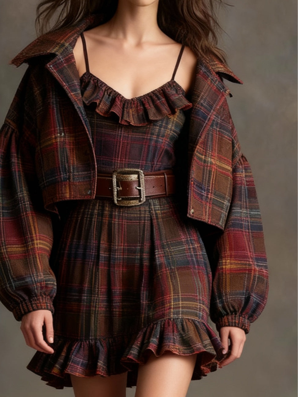 Vintage Plaid Ruffle Mini Dress and Loose Jacket Set (Includes belt)