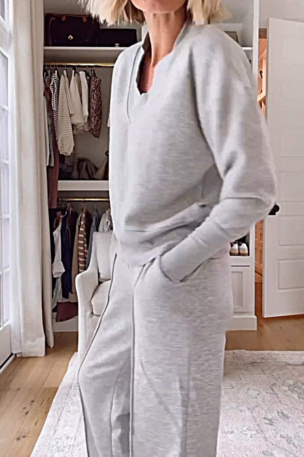 Solid Colour V-neck Top & Trousers Two-piece Set