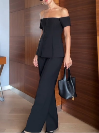 Off-shoulder short-sleeved button-down vest set